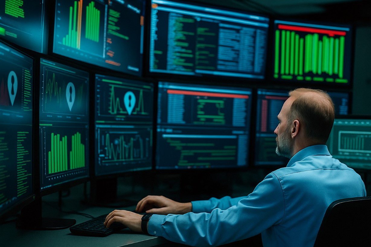 Profissional de cybersecurity trabalhando com múltiplos monitores analisando dados de segurança digital